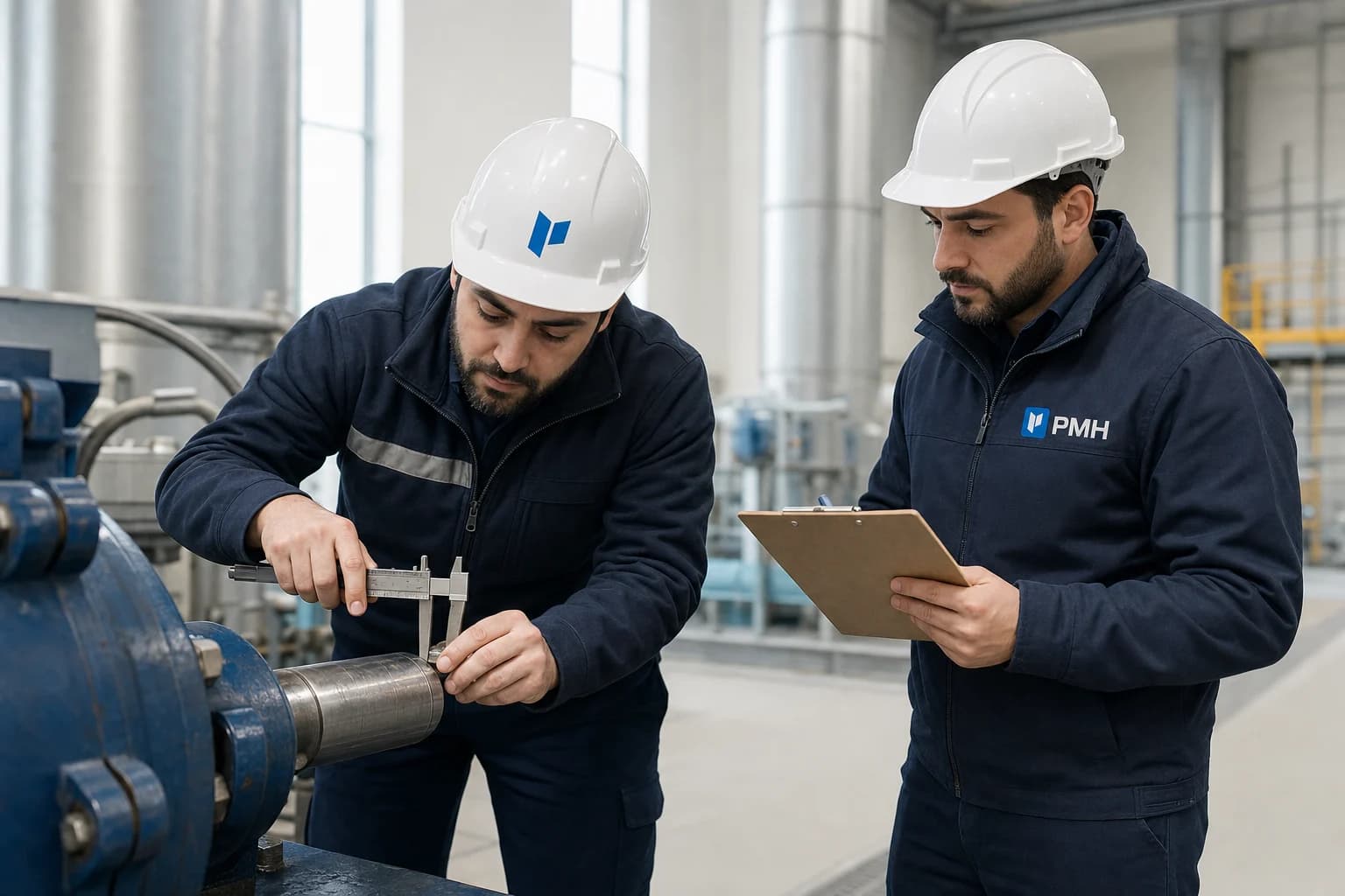 İki PMH teknik uzmanı endüstriyel ekipmanda birlikte ölçüm yaparken